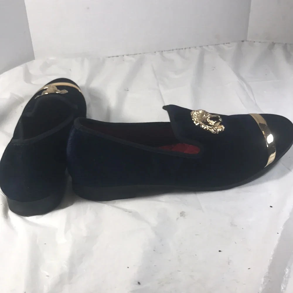 Mens Jitai Penny Blue Velvet Luxury Loafers with Gold Toned Lion & Bar Accents